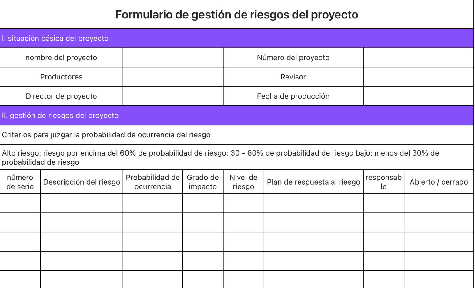 Formulario de gestión de riesgos del proyecto